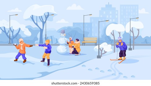 Winter holiday outdoor vacation. Kid play snowball, girl make snowman, boy skiing. Urban street panorama view. Children sport activity at public park. City recreation. Vector illustration