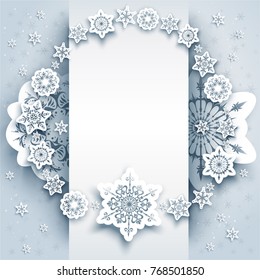 Winterferien-Papier, geschnittener Hintergrund. Schneeflocken Weihnachtsdekoration für Design-Banner, Ticket, Einladung, Grüße, Broschüren usw. Realistische Wirkung.