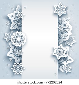 Winter holiday paper cut background. Snowflakes christmas decoration for design banner, ticket, invitation, greetings, leaflet and so on. Realistic effect.