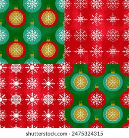 Patchwork de Festiva de invierno con juguetes de Navidades y copos de nieve. Navidades patrón sin fisuras. Ilustración vectorial en estilo retro plano