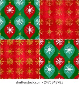 Winter Holiday Patchwork with Christmas toys and snowflakes. Christmas seamless pattern. Vector illustration in flat retro style