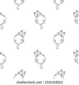 Winter holiday pattern. Black and white cute seamless pattern of of happy white cats playing with christmas ball. Doodle vector illustration 8 EPS.