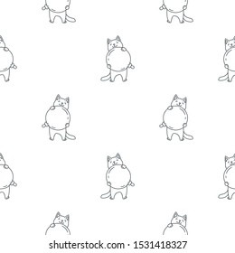 Winter holiday pattern. Black and white cute seamless pattern of of happy white cats playing with christmas ball. Doodle vector illustration 8 EPS.