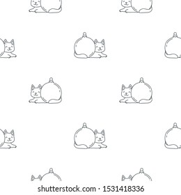 Winter holiday pattern. Black and white cute seamless pattern of of happy white cats playing with christmas ball. Doodle vector illustration 8 EPS.
