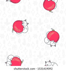 Winter holiday pattern. Cute seamless pattern of of happy white cats playing with christmas balls on background of christmas decoration. Vector illustration 8 EPS.