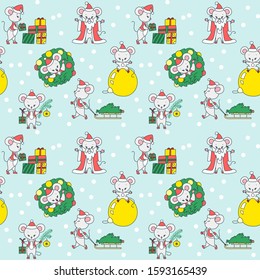 
Winter holiday pattern. Cute seamless pattern with cute little mouse enoying winter holidays. Vector illustration 8 EPS.