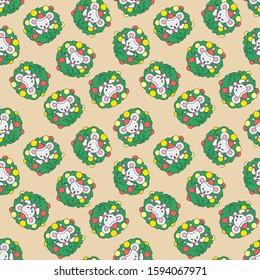 Winter holiday pattern. Cute seamless pattern with cute little mouse sitting in a Christmas wreath. Vector illustration 8 EPS.