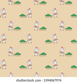 Winter holiday pattern. Cute seamless pattern with cute little mouse carries the sled with the Christmas tree. Vector illustration 8 EPS.