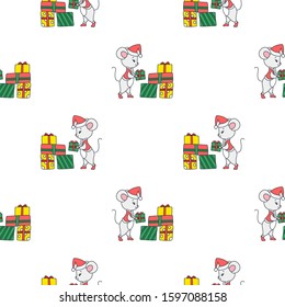 Winter holiday pattern. Cute seamless pattern with cute little mouse in a Santa Claus costume with gifts. Vector illustration 8 EPS.