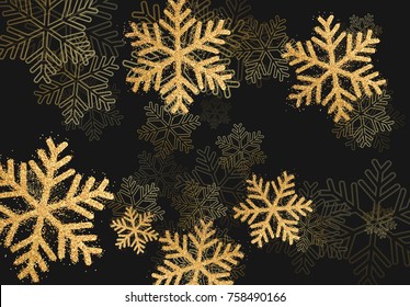 Winter holiday pattern with golden bright shining snowflakes with gold glitter.