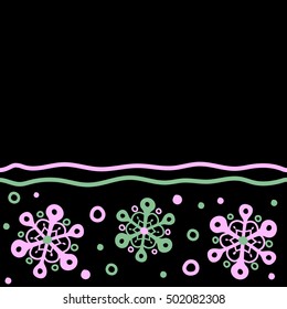 Winter Holiday Pattern with green Circles, Dots and Snowflakes On a Black Background. Seamless vector horizontal background.