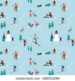 Winter holiday pattern with kids skiing on snowy mountain. Seasonal Christmas design. Fun sport activity. Editable and repeatable vector illustration file. Can be used as wallpaper, print, wrapping