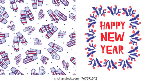 Winter holiday pattern, lettering in wrame of spruce branches with cones. Warm mittens