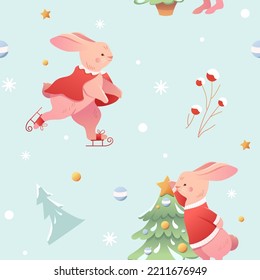 Winter holiday pattern with rabbits on a blue. Children background. Bunny decorating christmas tree. Merry Christmas and Happy New Year. Rabbit skates on the ice.