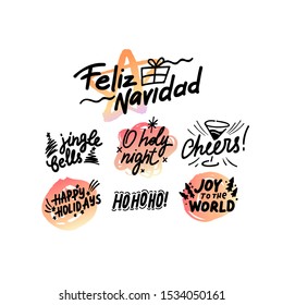 Winter holiday phrases vector lettering set. Feliz Navidad, jingle bells, cheers black ink quotes bundle. Christmas decorative calligraphic design elements. Festive Xmas handwritten wishes collection
