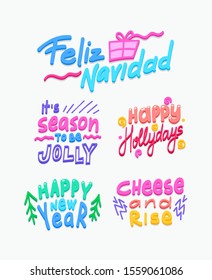 Winter holiday phrases vector lettering set. Feliz Navidad, happy holidays, sticker quotes bundle. Christmas decorative calligraphic design elements. Festive Xmas handwritten wishes collection
