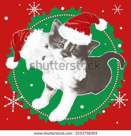 Winter holiday picture with halftone kittens. layout for postcard, social networks, congratulations on New Year holidays. Vector graphics.
