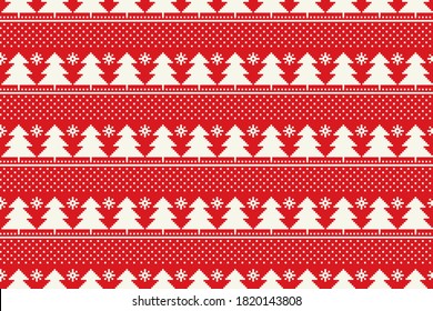 Winter Holiday Pixel Pattern with Christmas Trees Ornament. Vector Seamless Holiday Design Background