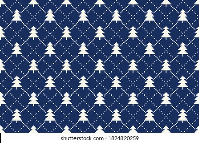 Winter Holiday Pixel Pattern with Christmas Trees Ornament. Vector Seamless Holiday Design Background. Scheme for Knitted Sweater Pattern Design or Cross Stitch Embroidery