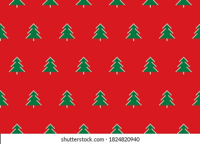 Winter Holiday Pixel Pattern with Christmas Trees Ornament. Vector Seamless Holiday Design Background