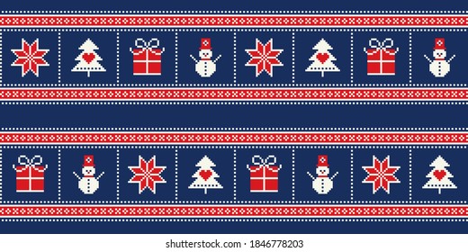 Patrón de Pixel de vacaciones de invierno con símbolos de Navidad. Copo de nieve, árbol de Navidad, caja actual y ornamento de hombre de nieve. Fondo de diseño de vacaciones sin vectores