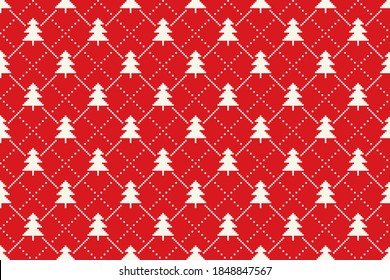 Winter Holiday Pixel Pattern with Christmas Trees Argyle Ornament. Vector Seamless Holiday Design Background