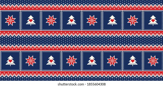Winter Holiday Pixel Pattern with a Christmas Symbols. Christmas Star and Christmas Tree Seamless Squared Ornament. Vector Scheme for Knitted Sweater Pattern Design or Cross Stitch Embroider