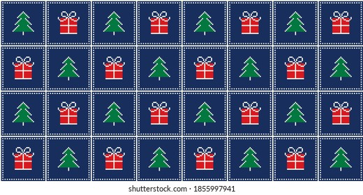 Winter Holiday Pixel Pattern with a Christmas Symbols. Christmas Tree and Gift Box Seamless Squared Ornament. Vector Scheme for Knitted Sweater Pattern Design or Cross Stitch Embroidery