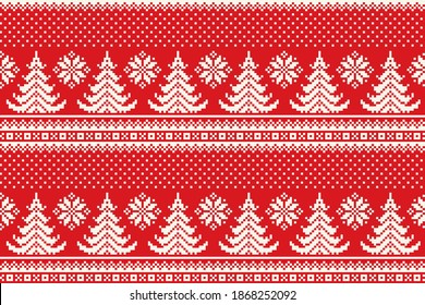 Winter Holiday Pixel Pattern with Christmas Trees Striped Ornament. Vector Seamless Holiday Design Background