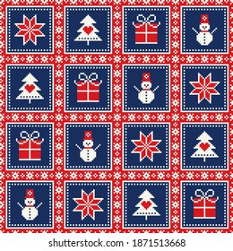 Winter Holiday Pixel Pattern with a Christmas Symbols. Snowflake, Christmas Tree, Present Box and Snowman Ornament. Vector Scheme for Knitted Sweater Pattern Design. Patchwork Quilt Imitation