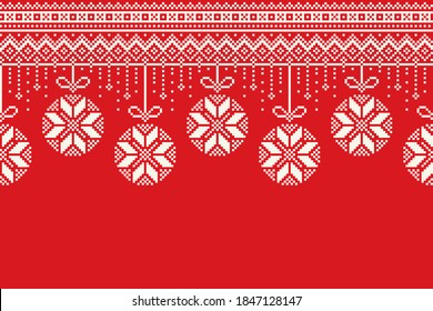 Patrón de píxeles de vacaciones de invierno. Garland del Ornamento de las Bolas de Árbol de Navidad. Vector de Navidad y Año Nuevo fondo sin problemas con un lugar para el logotipo y el texto. Esquema para el diseño del patrón de suéter de punto