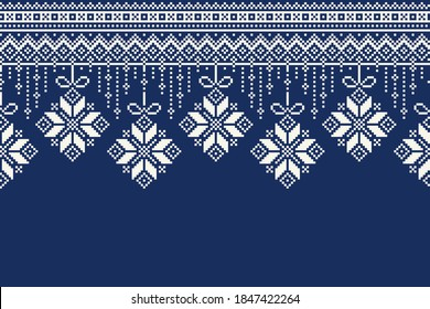 Winter Holiday Pixel Pattern. Garland of Christmas Tree Balls Ornament. Christmas and New Year Vector Seamless Background with a Place for Logo and Text. Scheme for Knitted Sweater Pattern Design