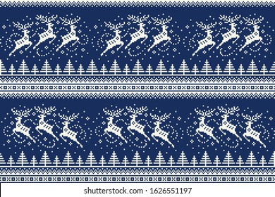 Winter Holiday Pixel Pattern with Reindeers Flying over the Winter Forest. Traditional Nordic Seamless Striped Ornament. Scheme for Knitted Sweater Pattern Design or Cross Stitch Embroidery