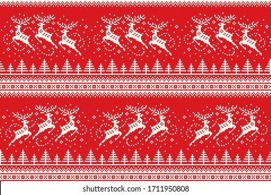 Winter Holiday Pixel Pattern with Reindeers Flying over the Winter Forest. Traditional Nordic Seamless Striped Ornament. Scheme for Knitted Sweater Pattern Design or Cross Stitch Embroidery