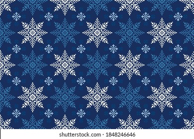 Winter Holiday Pixel Pattern. Seamless Snowflakes Ornament. Scheme for Knitted Sweater Pattern Design