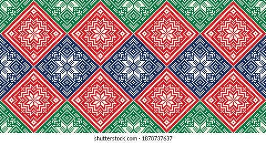 Winter Holiday Pixel Pattern. Seamless Christmas Star Ornament. Scheme for Knitted Sweater Pattern Design