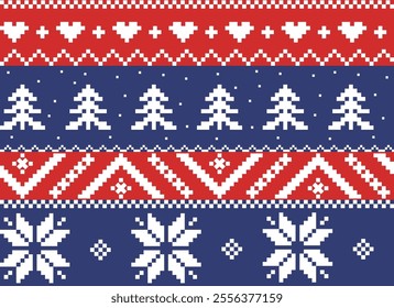 Winter Holiday Pixel Pattern with Snowflakes and Christmas Trees Ornament. Vector Seamless Pattern.