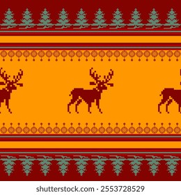 Winter Holiday Pixel Pattern. Traditional Christmas Star Ornament. Scheme for Knitted Sweater Pattern Design. Seamless Vector Background.