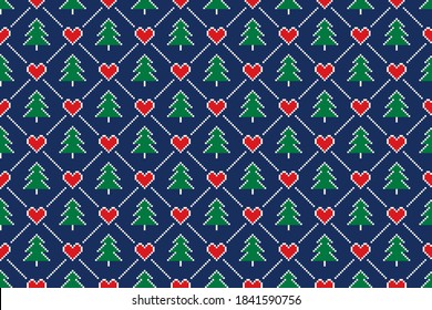 Winter Holiday Pixel Seamless Pattern. Christmas Trees and Hearts Ornament. Scheme for Knitted Sweater Pattern Design or Cross Stitch Embroidery