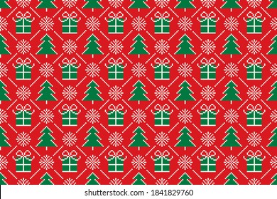 Winter Holiday Pixel Seamless Pattern with Christmas Symbols. Christmas Trees, Snowflakes, and Present Boxes Ornament. Scheme for Knitted Sweater Pattern Design or Cross Stitch Embroidery