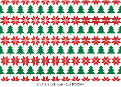 Winter Holiday Pixel Seamless Pattern. Christmas Tree and Christmas Star Argyle Ornament. Vector Seamless Scheme for Knitted Sweater Pattern Design or Cross Stitch Embroidery