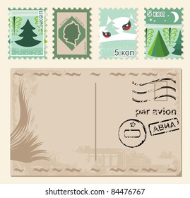 winter holiday postcard with stamps