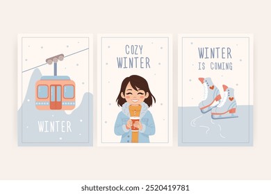 Winter holiday poster set, cozy winter. Vector illustration