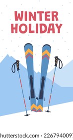 Winter holiday poster template with equipment for skiing, flat vector illustration. Snowy mountain landscape, ski vacation. Concept of winter sports.