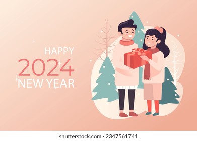 Winter holiday poster template in flat design. Banner layout to New Year and Christmas with happy man giving gift to young girl, couple celebrating event in forest together. Vector illustration.