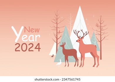 Winter holiday poster template in flat design. Banner layout to New Year and Christmas with abstract seasonal forest trees and firs, standing deer stag and doe, birds and snow. Vector illustration.
