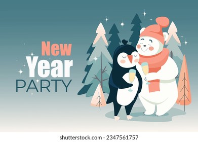 Winter holiday poster template in flat design. Banner layout to New Year and Christmas with happy animals couple drinking champagne. Polar bear and penguin celebrating in forest. Vector illustration.