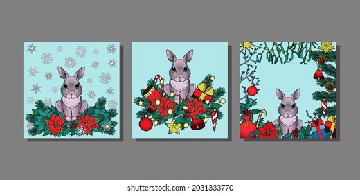 Winter Holiday Prints set with Rabbit. Christmas or New Year patterns for greeting cards, mock ups and covers.