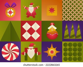 Winter holiday prints, xmas and new year celebration. Santa Claus and lollipop candy, pine tree with baubles and garlands decoration. Presents and adornment for Christmas. Vector in flat style