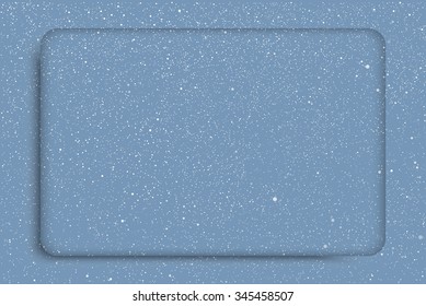 Winter holiday rectangle frame style with fall shining snow. Falling white snow with blue winter sky. Merry Christmas, New Year background, banner, poster, card. Vector frames snowflakes illustration.